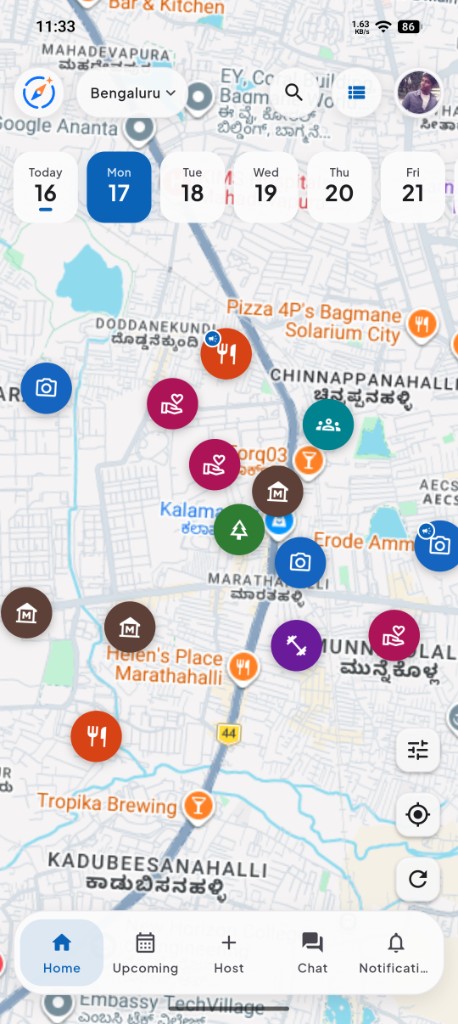 MyQuest map view showing nearby quest pins in Bengaluru